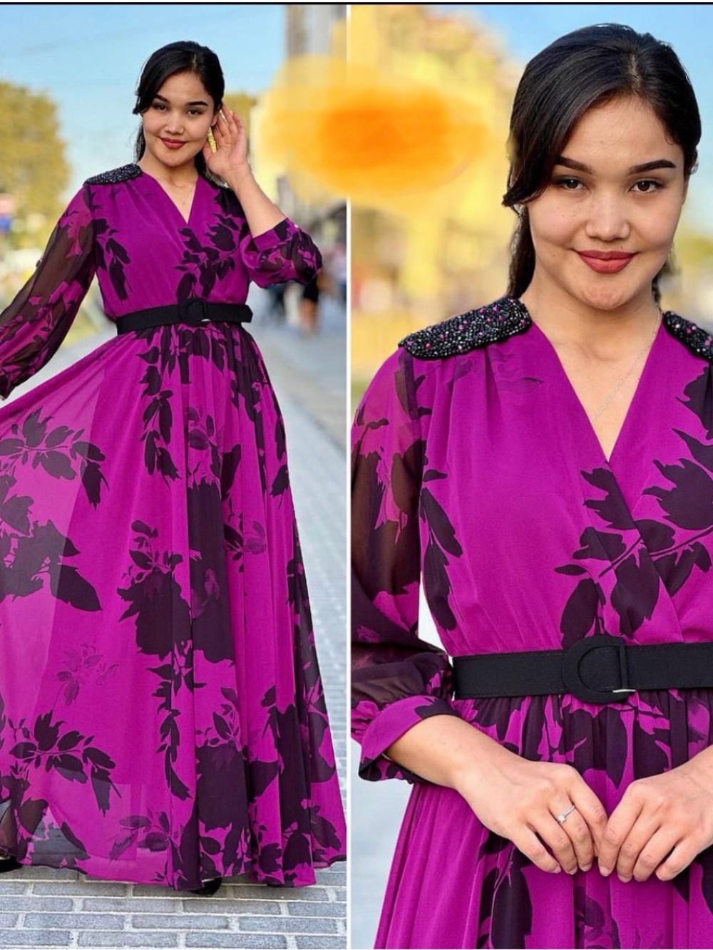 Women's Magenta Floral Maxi Dress with Beaded Shoulders no belt